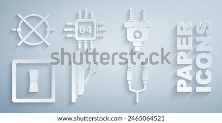 Set Electrical panel, plug, light switch, Audio jack, Processor with microcircuits CPU and scheme icon. Vector