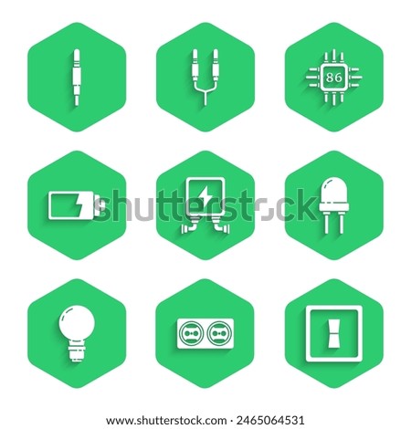 Set Electric transformer, Electrical outlet, light switch, Light emitting diode, bulb with concept of idea, Battery charge level indicator, Processor microcircuits CPU and Audio jack icon. Vector