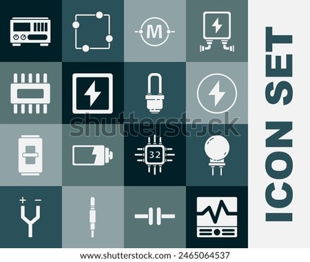 Set Electrical measuring instruments, Light emitting diode, Lightning bolt, circuit scheme, Processor with microcircuits CPU,  and LED light bulb icon. Vector