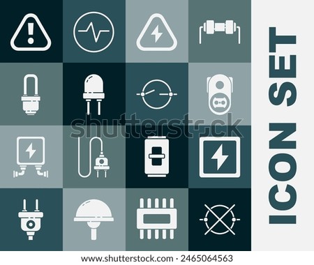 Set Electric circuit scheme, Lightning bolt, Electrical outlet, High voltage, emitting diode, LED light bulb, Exclamation mark triangle and  icon. Vector