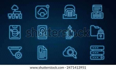 Set line Server, Data, Web Hosting, Folder and lock, Hangar with servers, Hard disk drive HDD, Computer network, export and Cloud technology data transfer icon. Vector