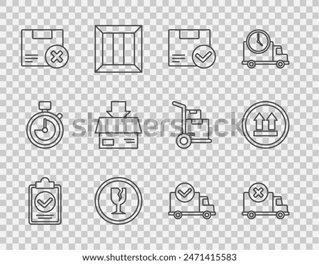 Set line Verification of delivery list clipboard, Delivery cargo truck vehicle, Package box with check mark, Fragile broken glass, Carton cardboard and delete,  and This side up icon. Vector