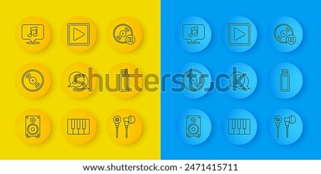 Set line Stereo speaker, Vinyl disk, Musical note speech bubble, Air headphones, USB flash drive,  and Play square icon. Vector