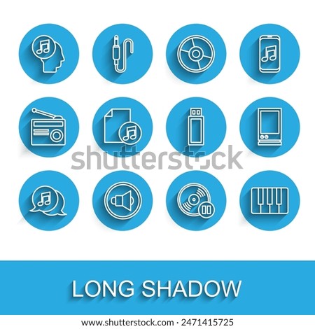 Set line Musical note in speech bubble, Speaker volume, human head, Vinyl disk, synthesizer, book with, Voice assistant and USB flash drive icon. Vector