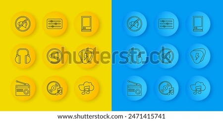 Set line Radio with antenna, Headphones, Speaker volume, Music streaming service, Guitar pick, mute, Voice assistant and Sound mixer controller icon. Vector