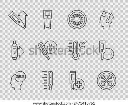 Set line Medical thermometer, Snowflake, Sun, Digital,  and  icon. Vector