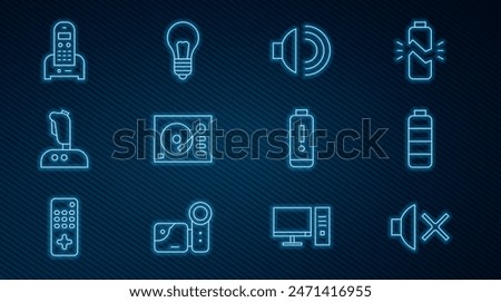 Set line Speaker mute, Battery charge level indicator, volume, Vinyl player, Joystick for arcade machine, Telephone,  and Light bulb with concept of idea icon. Vector