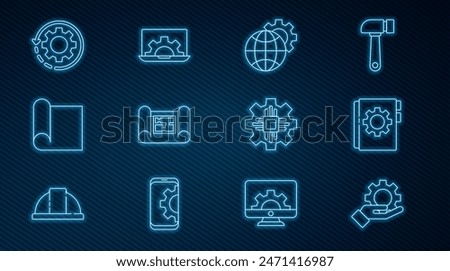 Set line Settings in the hand, User manual, Globe of Earth gear, House plan, Graphing paper for engineering, Gear arrows as workflow, Processor and Laptop icon. Vector