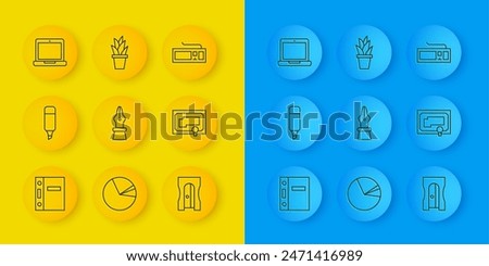 Set line Office folders, Marker pen, Fountain nib, Pencil sharpener, Certificate template, Laptop, Keyboard and Plant pot icon. Vector