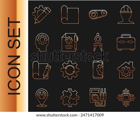 Set line Processor with microcircuits CPU, House gear, Toolbox, Timing belt kit, Document settings and pen, Human head inside, Pencil and Drawing compass icon. Vector