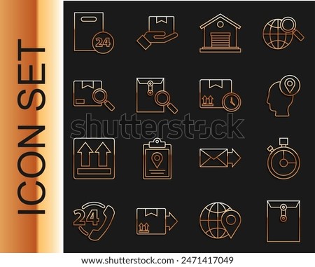 Set line Envelope, Fast time delivery, Delivery man with cardboard boxes, Warehouse, magnifying glass, Search package,  and Cardboard and fast icon. Vector