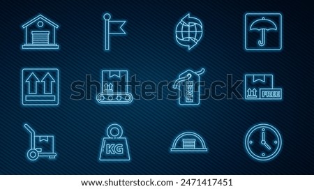 Set line Fast time delivery, Cardboard box with free symbol, Worldwide, Conveyor belt cardboard, This side up, Warehouse, Price tag Free and Location marker icon. Vector