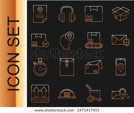 Set line Envelope with magnifying glass, shield, Cardboard box traffic symbol, Delivery man cardboard boxes, Package check mark, Document marker system and Conveyor belt icon. Vector