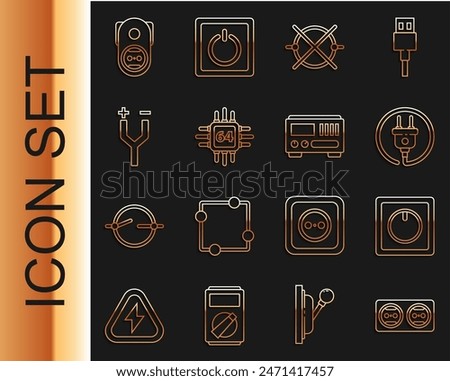 Set line Electrical outlet, light switch, plug, circuit scheme, Processor with microcircuits CPU, cable,  and measuring instruments icon. Vector