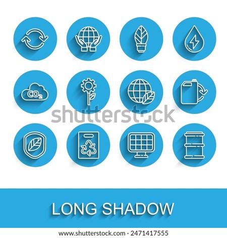 Set line Shield with leaf, Paper bag recycle, Refresh, Solar energy panel, Barrel, Leaf plant in gear machine, Eco fuel canister and Earth globe and icon. Vector