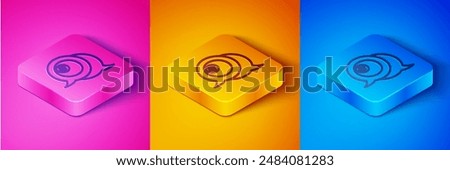 Isometric line Billiard pool snooker ball with number 8 icon isolated on pink and orange, blue background. Square button. Vector