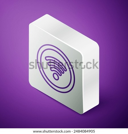 Isometric line Wi-Fi wireless internet network symbol icon isolated on purple background. Silver square button. Vector Illustration