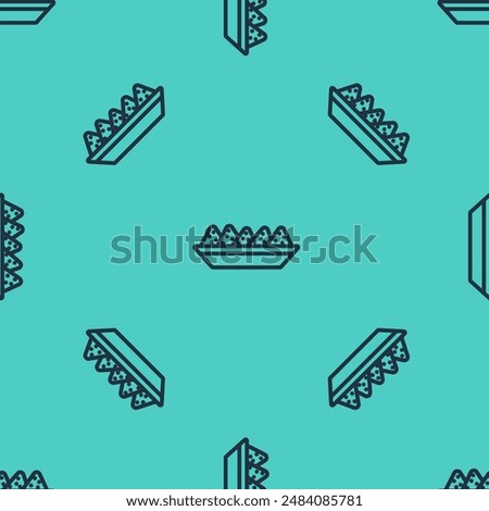 Black line Nachos in plate icon isolated seamless pattern on green background. Tortilla chips or nachos tortillas. Traditional mexican fast food menu.  Vector Illustration