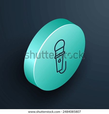 Isometric line Microphone icon isolated on black background. On air radio mic microphone. Speaker sign. Turquoise circle button. Vector Illustration