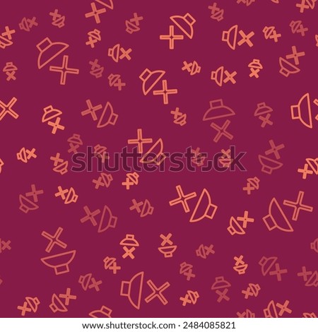 Brown line Speaker mute icon isolated seamless pattern on red background. No sound icon. Volume Off symbol.  Vector Illustration