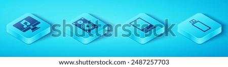 Set Isometric Computer with music note, Stereo speaker, USB flash drive and Voice assistant icon. Vector