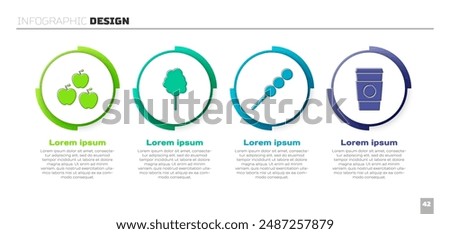 Set Apple, Cotton candy, Meatballs on wooden stick and Coffee cup to go. Business infographic template. Vector