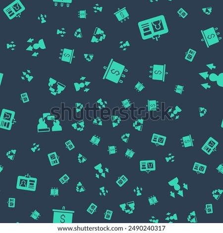 Set Target with dollar, Identification badge, Two sitting men talking and Front end development on seamless pattern. Vector