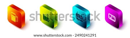 Set Isometric POS terminal with credit card, Wallet money, Credit and Identification badge icon. Vector