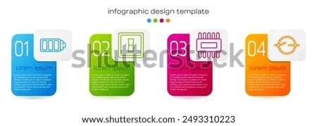 Set line Battery charge level indicator, Electric light switch, Processor with microcircuits CPU and Electric circuit scheme. Business infographic template. Vector