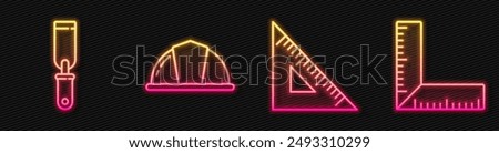 Set line Triangular ruler, Rasp metal file, Worker safety helmet and Corner ruler. Glowing neon icon. Vector