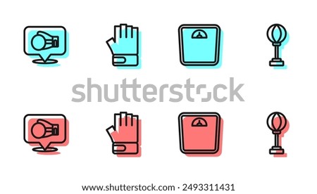 Set line Bathroom scales, Boxing glove, MMA and Punching bag icon. Vector