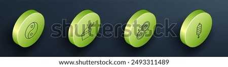 Set Isometric line Yin Yang symbol, ice bowl with chopstick, Chinese Yuan currency and paper lantern icon. Vector