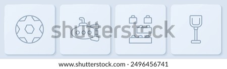 Set line Soccer football ball, Toy building block bricks, Submarine toy and Shovel. White square button. Vector