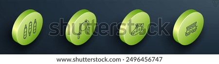 Set Isometric line Marker pen, Jump rope, Submarine toy and Passenger train cars icon. Vector