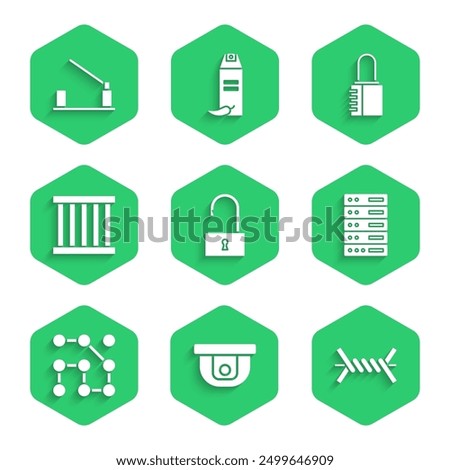 Set  Open padlock, Motion sensor, Barbed wire, Server, Data, Web Hosting, Graphic password protection, Prison window, Safe combination and Parking car barrier icon. Vector