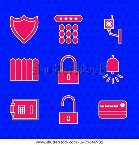 Set Lock,  Open padlock, Credit card, Ringing alarm bell, Safe, Garden fence wooden, Security camera and Shield icon. Vector