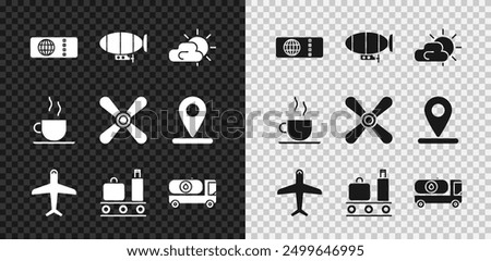 Set Airline ticket, Airship, Sun and cloud weather, Plane, Airport conveyor belt with suitcase, Fuel tanker truck, Coffee cup and propeller icon. Vector