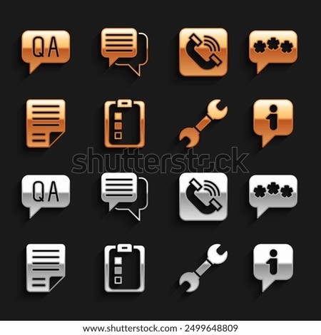 Set Online quiz, test, survey, Speech bubble chat, Information, Wrench spanner, File document, Telephone handset, Question Answer and  icon. Vector