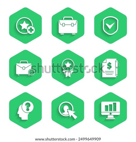 Set Medal with star, User of man in business suit, Monitor graph chart, Contract money and pen, Human head question mark, Briefcase, Shield check and Star icon. Vector