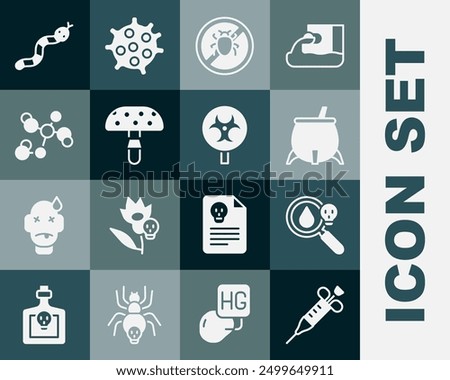 Set Syringe, Poison magnifying glass, Witch cauldron, Stop colorado beetle, Fly agaric mushroom, Chemical formula, Snake and Biohazard symbol icon. Vector