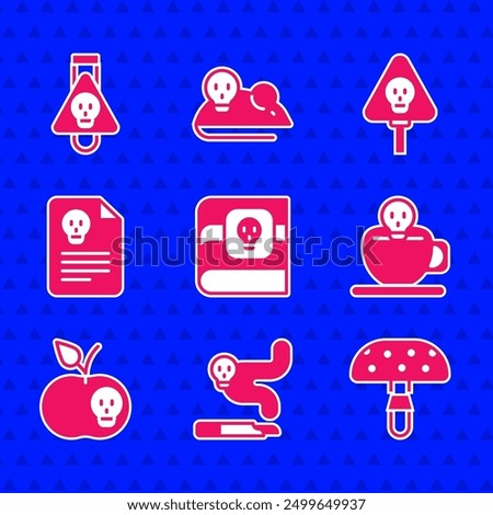 Set Book about poisons, Cigarette, Fly agaric mushroom, Coffee cup with skull, Poison apple, Radiation warning document, Bones and and Bottle potion icon. Vector