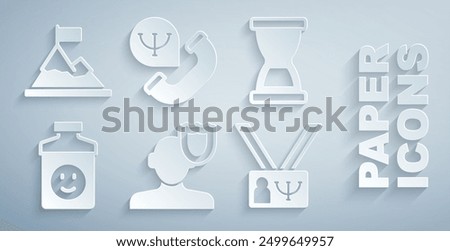 Set Psychology, Old hourglass, Antidepressants, Online psychological counseling and Mountains with flag on top icon. Vector