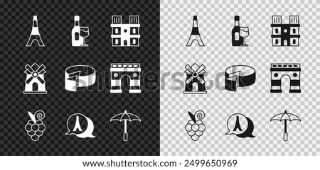 Set Eiffel tower, Wine bottle with glass, Notre Dame de Paris, Grape fruit, Umbrella for beach, Windmill and Cheese icon. Vector