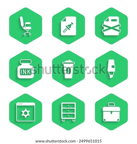 Set Coffee cup to go, Archive papers drawer, Briefcase, Marker pen, Browser setting, Inkwell, Delete file document and Office chair icon. Vector