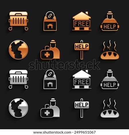 Set First aid kit, Help homeless, Donation food, Ask for help text, Global economic crisis, Shelter, Trash can and and charity icon. Vector