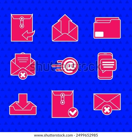 Set Mail and e-mail, Envelope check mark, Delete envelope, Chat messages notification on phone, Download inbox, Document folder and  icon. Vector