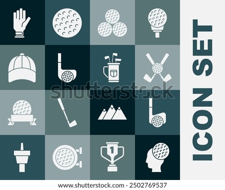 Set Golf ball, club with, Crossed golf, Baseball cap, glove and bag clubs icon. Vector