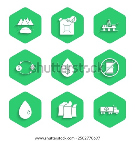 Set Oil drop with dollar, industrial factory building, Tanker truck, No barrel for gasoline, exchange, platform the sea and Oilfield icon. Vector