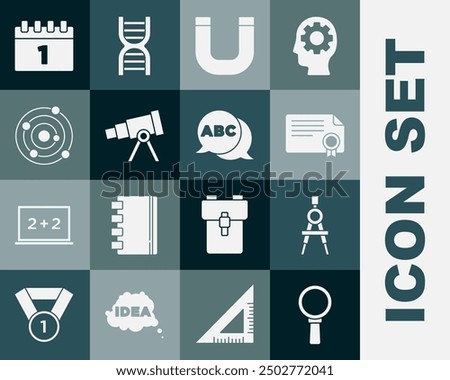 Set Magnifying glass, Drawing compass, Certificate template, Magnet, Telescope, Solar system, Calendar first september date and Alphabet icon. Vector