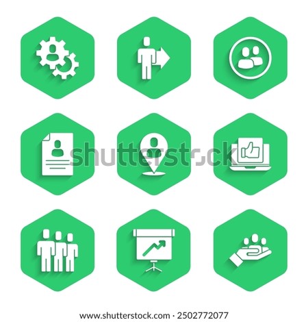 Set Worker location, Chalkboard with diagram, Hand for search people, like, Users group, Resume, Project team base and Head hunting icon. Vector